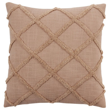 Tufted Pillow With Diamond Design, Natural, 20"x20", Down Filled