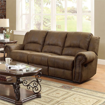 Classic Reclining Sofa, Microfiber Upholstery & Rolled Arms With Nailhead, Brown