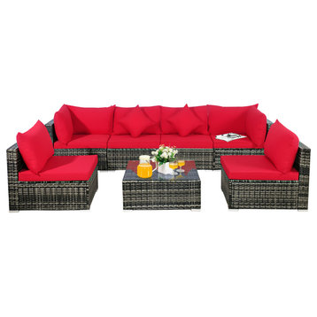 Costway 7PCS Patio Rattan Furniture Set Sectional Sofa Garden Red Cushion