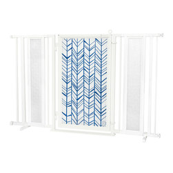 Fusion Gates - Fusion Gate with Chevron Trail in Blue Design, White Pearl, 60"-65" - Dog Gates