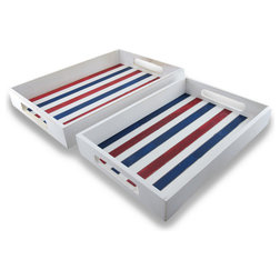Traditional Serving Trays Red White and Blue Striped Nesting Wooden Serving Trays, 2-Piece Set
