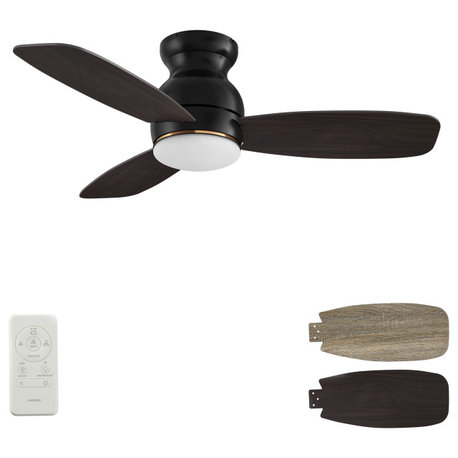 CARRO Low Profile Flush Ceiling Fan with Remote and Dim LED Light, Black, 44"