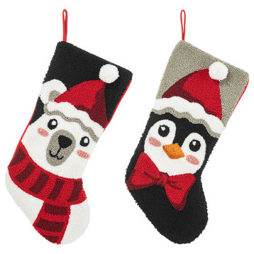20.5"L Hooked Stocking, Polar Bear & Penguin