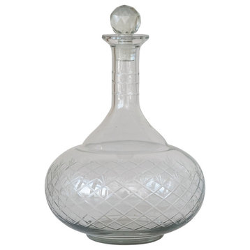 Round Reclaimed Etched Glass Decanter With Tall Neck, Clear