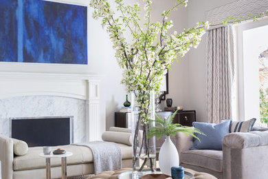 Large transitional formal carpeted and brown floor living room photo in Boston with gray walls, a wood fireplace surround and no tv