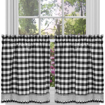 Buffalo Check Window Curtains, 58"x24", Black, Set of 2