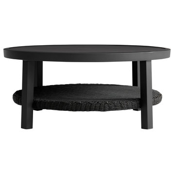 Grand Black Aluminum Outdoor Round Conversation Table with Wicker Shelf