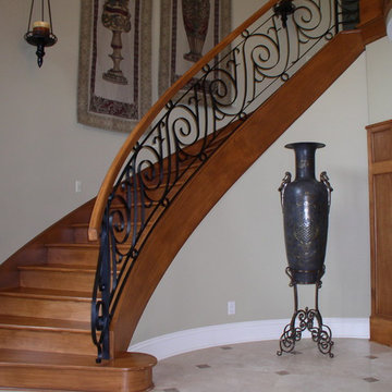 Interior Wood Curved Stair With Decorative Railing For Balcony