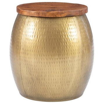 Linon Reid Metal and Wood Drum Side Table with Storage in Gold