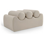 Meridian Furniture - Rumble Upholstered Bench, Taupe, 32" W x 22" D x 16.5" H, Vegan Leather - Discover the Rumble taupe vegan leather bench, featuring a sleek, soft feel that adds a touch of contemporary elegance to any room. This stylish bench offers three removable bolster pillow seats for enhanced comfort and versatility. Its modern design seamlessly blends with various decor styles, making it a versatile choice for your entryway, living room, or bedroom.