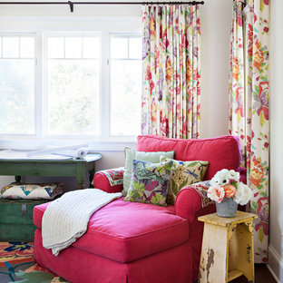 Photo of a large shabby-chic style home office and library in Los Angeles with white walls and medium hardwood flooring.
