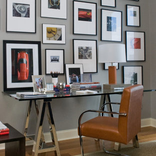 Inspiration for a transitional home office in Atlanta with grey walls, medium hardwood floors and a freestanding desk.