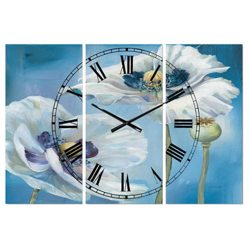 Handpainted White Flower On Blue I Farmhouse Multipanel Metal Clock