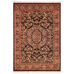 Bareens Designer Rugs - Tamour Pak Persian Ignacia Black/Gold Wool Rug - 5'11'' x 9'1'' - Designed with mesmerizing intricacy and gorgeous color palette, this hand-knotted masterpiece demonstrates the beauty and electrifying thrill of Pak Persian art. These meticulously hand-knotted Pak-Persian rug is made with pure wool and features breathtaking traditional, transitional, and tribal designs in bold luxurious color pallets. Known for their intricate designs these rugs are a reproduction of Persian rugs, made in Pakistan with unique Mughal designs. Made by master weavers using the same Persian texture, design and dying technique, we wanted to produce the most significant manifestation of Persian art, life, and culture. This rug is most famous for its exceptional quality, incredible designs, patterns, and vibrant rich color. Pak-Persian rugs made with Persian weave with high knot counts, which enables the high intricacy and detail found in the patterns are also referred to as "State of art", each color adds a rich beautiful detail in the artwork of this rug. The design, color, and beautiful chromatic composition with a vibrant sheen with intricate designs, exude beauty, elegance, and quality make this rug a masterpiece of its own.
