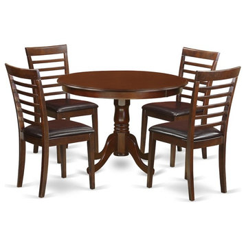5-Piece Set With a Round Kitchen Table and 4 Leather Kitchen Chairs, Mahogany