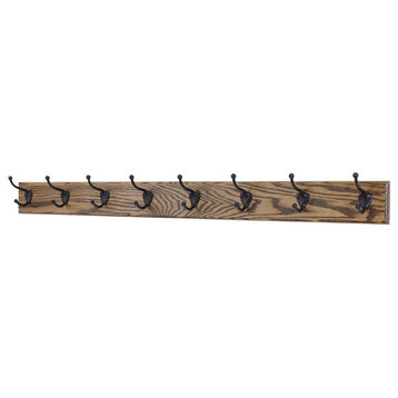 Solid Oak Wall Coat Rack, Bronze Hooks, Walnut, 52"x3.5", 10-Hooks