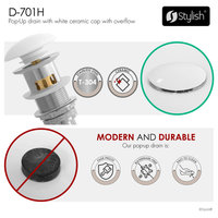 STYLISH Undermount Sink Pop-Up Drain with white ceramic cap with overflow