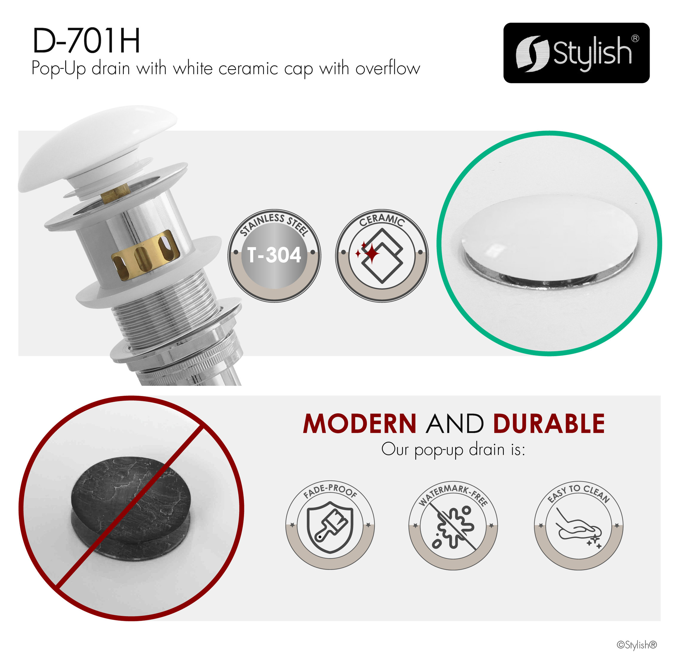 STYLISH Undermount Sink Pop-Up Drain with white ceramic cap with overflow