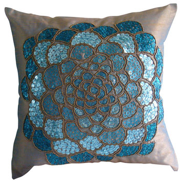 3D Sequins Flower Blue Pillow Shams, Art Silk 24"x24" Pillow Sham, Wild Flower