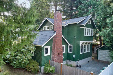 Example of an arts and crafts green two-story house exterior design in Seattle with a gray roof