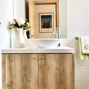 75 Beautiful Vinyl Floor Powder Room With Marble Countertops