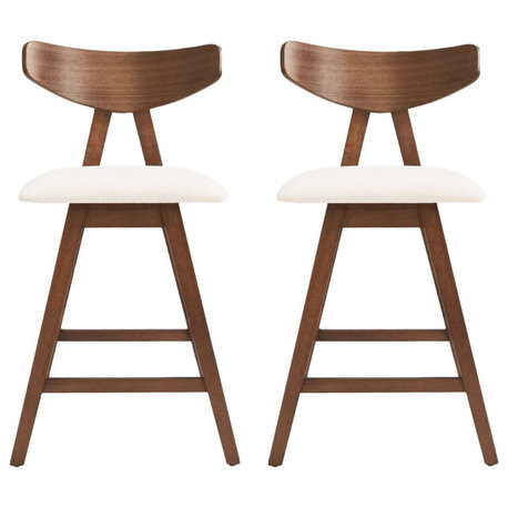Sunapee Fabric Upholstered Wood Counter Stools, Set of 2, Light Beige + Natural Walnut