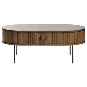 Mid-Century Modern Rounded Sliding Door Coffee Table 47x24, Smoked Oak