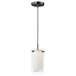 Maxim - Maxim Duo 1-Light Mini Pendant 12289CLSWBK, Black - A double glass shade advances the double shade design with the integration of sleek and modern integration of design. Satin White inner glass shades are surrounded by a transparent Clear outer glass, available in your choice of Satin Nickel or Black finished base and supports.