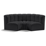 Meridian Furniture - Arc Vegan Leather Upholstered 3-Pc. Inward Curved Modular Sectional, Black - Unleash modern opulence with the Arc Vegan Leather 3pc. Sectional. Crafted for the modern connoisseur, this Sectional injects an air of refined luxury into any space. Its sleek silhouette, upholstered in supple black vegan leather, exudes timeless sophistication while the deep channel tufting adds textural intrigue, further elevating the chair's visual appeal. The modular design makes it a versatile chameleon, effortlessly adapting to your evolving needs and preferences. Whether you envision it gracing a chic living room corner, basking in the glow of a bedroom window, or adding a touch of drama to a home office, the Arc seamlessly complements your unique interior aesthetic.