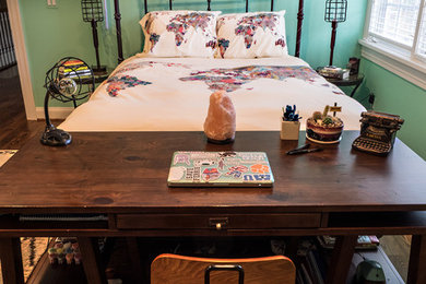Bedroom - mid-sized industrial guest dark wood floor and brown floor bedroom idea in Detroit with green walls and no fireplace