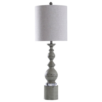 Pateley Spindle Table Lamp With Acrylic Detail, Drum Shade, Distressed Blue Gray