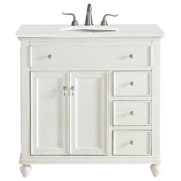 36" Single Bathroom Vanity, Antique White With Ivory White Engineered Marble