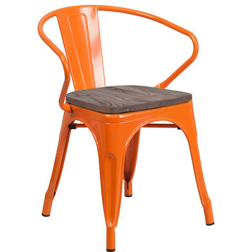 Orange Metal Chair With Wood Seat and Arms