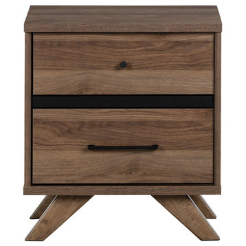 Retro Modern Nightstand, Angled Legs & 2 Drawers With Middle Black Trim Accent