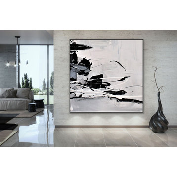 48x48 inches Black and white minimal modern abstract painting Large wall art