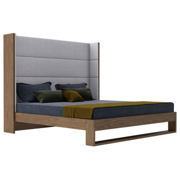 Modrest Heloise Contemporary Gray Fabric and Walnut Trim Bed, Eastern King