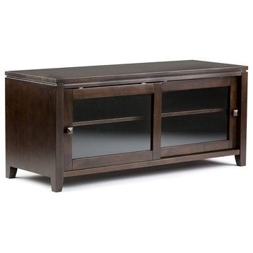Contemporary TV Stand, Pine Wood With 2 Sliding Glass Doors, Mahogany Brown