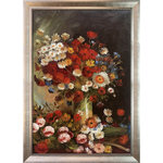 overstockArt - La Pastiche Vase with Poppies Cornflowers Peonies with Swirl Lip Frame,29" x 41" - Vase with Poppies Cornflowers Peonies and Chrysanthemums is a work by Vincent Van Gogh that turns away from his Post-Impressionistic style of painting toward a more traditional Impressionist technique. Unlike his usual style this painting has very fine and intentional brushstrokes. This painting better fits what a traditional still life would be defined as. It also shows a different side of Van Goghs talent that we dont often get to see. This painting is rich with color featuring vivid reds and deep shadows that give it a more three dimensional effect another aspect that is different from the average Van Gogh painting. This painting will look absolutely beautiful hanging on the bedroom wall or would make a great gift for a loved one It would fit well with warmer color schemes and could go well with a gold frame. Frame Description Champage Scoop with Swirl Lip Frame