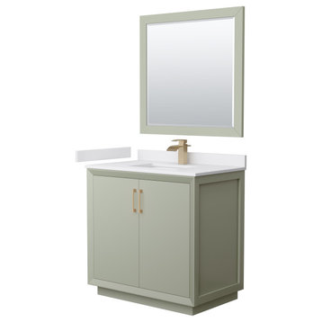 Strada 36" Green Single Vanity, White Marble Top, Sink, Bronze Trim, 34" Mirror