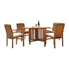 5-Piece Teak Dining Set, 48" Round Butterfly Table, 4 Wave Stacking Arm Chairs