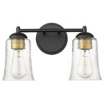 Millennium Lighting - 2 Light 15 in. Matte Black Vanity Light - Vintage-inspired, tapered, bell-shaped seedy glass globes give the Abilene Family of vanity lighting an unparalleled design signature rooted in turn-of-the-century American design. Finished in either matte black or cottage white, these fixtures are available in 1-light, 2-light, and 3-light options and are further embellished with stylish brushed gold sockets.