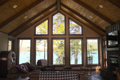 Inspiration for a large transitional formal and loft-style medium tone wood floor and brown floor living room remodel in Other with beige walls, a standard fireplace, a stone fireplace and no tv