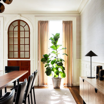 Dining Room with Grasscloth Walls and Original Built-Ins
