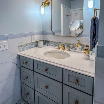 Blue and White Guest Bathroom with Gold Accents