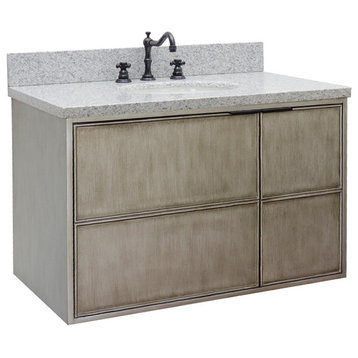 37" Single Wall Mount Vanity, Linen Brown Finish With Gray Granite Top