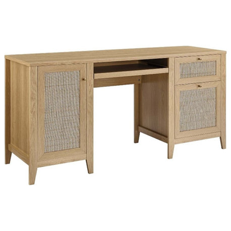 Modway Soma 63" Natural Rattan and MDF Wood Office Desk in Oak