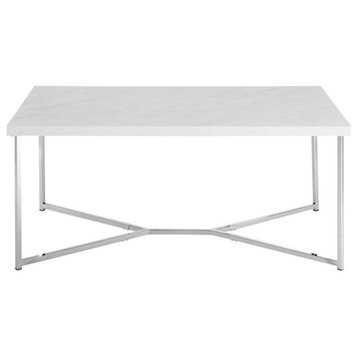 Pemberly Row Rectangle Coffee Table in White Faux Marble and Chrome