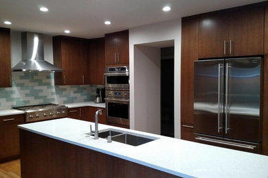 Mid-century modern light wood floor kitchen photo in Boston with an undermount sink, flat-panel cabinets, dark wood cabinets, quartz countertops, blue backsplash, glass tile backsplash, stainless steel appliances and an island