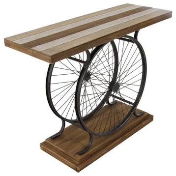 Industrial Console Table, Unique Design With Bicycle Wheels Base & Fir Wood Top