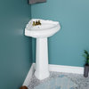 Corner Pedestal Sink White China with Centerset Faucet Holes and Overflow